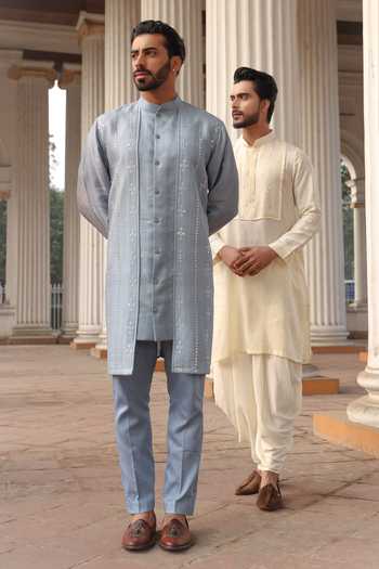 Shop_Surabhi Agarwal_Blue Silk, Cotton Satin Embroidered Kurta And Pyjama Set _at_Aza_Fashions