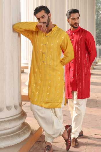 Buy_Surabhi Agarwal_Yellow Silk, Rayon Mirror Embroidered Kurta Set _Online_at_Aza_Fashions