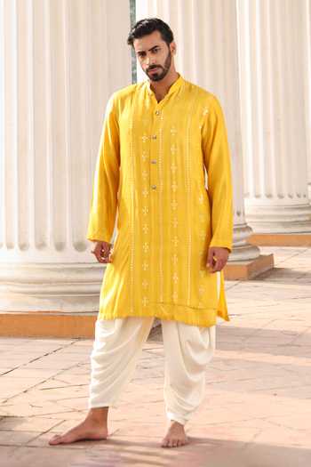 Buy_Surabhi Agarwal_Yellow Silk, Rayon Mirror Embroidered Kurta Set _at_Aza_Fashions
