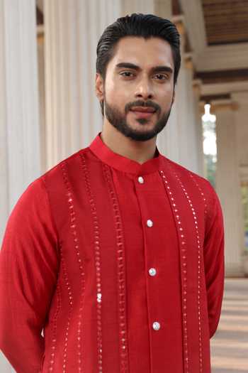 Surabhi Agarwal_Red Silk, Cotton Satin Embroidered Kurta And Pyjama Set _Online_at_Aza_Fashions