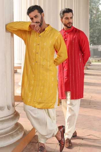 Surabhi Agarwal_Red Silk, Cotton Satin Embroidered Kurta And Pyjama Set _at_Aza_Fashions