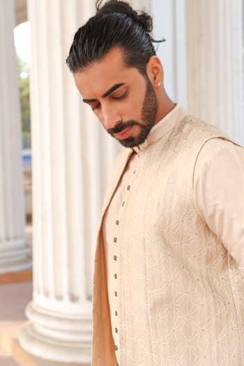 Buy_Surabhi Agarwal_Beige Tussar, Cotton, Silk Geometric Embroidered Nehru Jacket Kurta Set _Online_at_Aza_Fashions