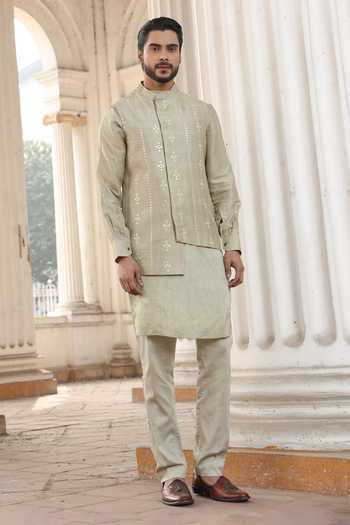 Buy_Surabhi Agarwal_Green Silk, Cotton Satin Embroidered Nehru Jacket Kurta Set _at_Aza_Fashions