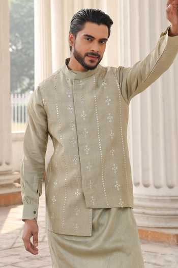 Shop_Surabhi Agarwal_Green Silk, Cotton Satin Embroidered Nehru Jacket Kurta Set _at_Aza_Fashions