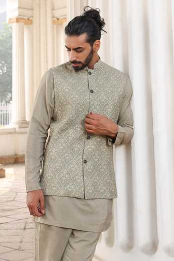 Shop_Surabhi Agarwal_Green Silk, Cotton, Satin Thread Embroidered Nehru Jacket Kurta Set _at_Aza_Fashions