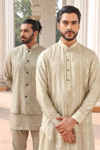 Buy_Surabhi Agarwal_Green Silk, Cotton, Satin Thread Embroidered Nehru Jacket Kurta Set _Online_at_Aza_Fashions
