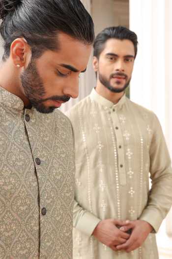 Shop_Surabhi Agarwal_Green Silk, Cotton, Satin Thread Embroidered Nehru Jacket Kurta Set _Online_at_Aza_Fashions