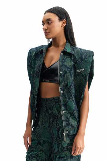 Buy_Cilvr_Green Cotton, Polyester Collared Serpent Boxy Jacket _Online_at_Aza_Fashions