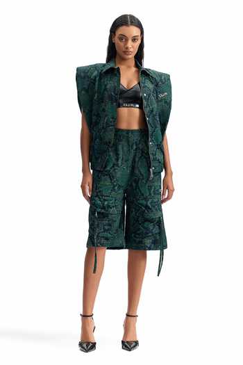 Shop_Cilvr_Green Cotton, Polyester Collared Serpent Boxy Jacket _Online_at_Aza_Fashions