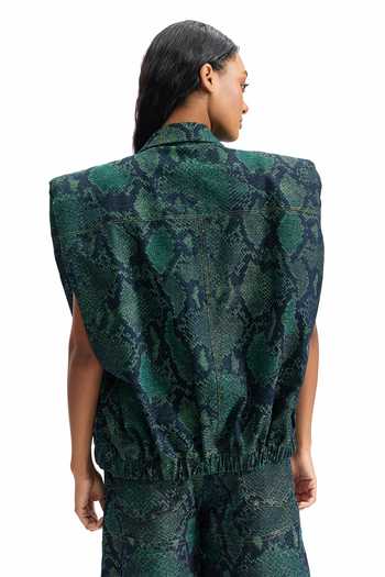 Cilvr_Green Cotton, Polyester Collared Serpent Boxy Jacket _Online_at_Aza_Fashions