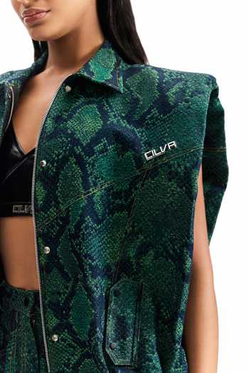 Cilvr_Green Cotton, Polyester Collared Serpent Boxy Jacket _at_Aza_Fashions