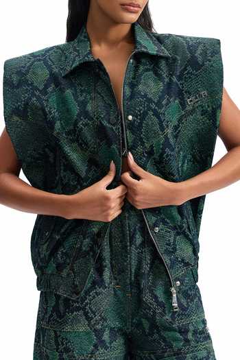 Buy_Cilvr_Green Cotton, Polyester Collared Serpent Boxy Jacket 
