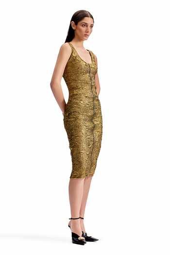 Cilvr_Gold Polyester Scoop Neck Antique Front Zip Dress _Online_at_Aza_Fashions