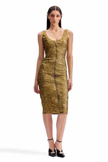 Buy_Cilvr_Gold Polyester Scoop Neck Antique Front Zip Dress _Online_at_Aza_Fashions