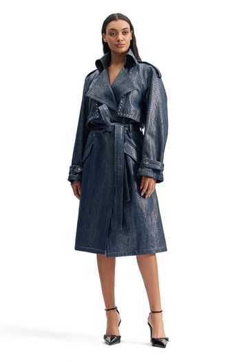 Buy_Cilvr_Blue Cotton Serpentine Foil Denim Trench Coat _Online_at_Aza_Fashions