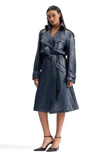 Cilvr_Blue Cotton Serpentine Foil Denim Trench Coat _at_Aza_Fashions