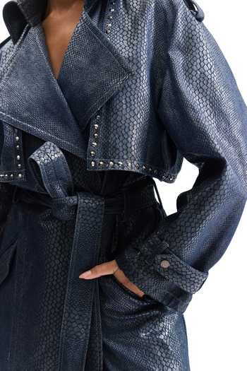 Buy_Cilvr_Blue Cotton Serpentine Foil Denim Trench Coat 
