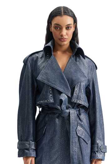Cilvr_Blue Cotton Serpentine Foil Denim Trench Coat _Online