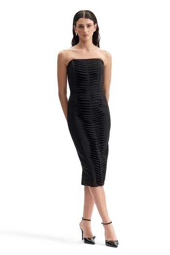 Buy_Cilvr_Black Viscose, Polyester Bandeau Neck Contour Pleated Midi Dress _at_Aza_Fashions