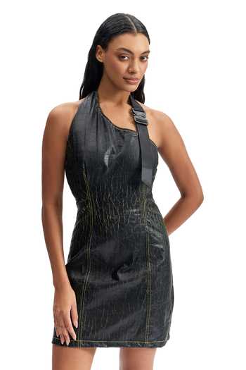Buy_Cilvr_Black Polyester Halter Neck, One Shoulder Cracked Leather Mini Dress _at_Aza_Fashions