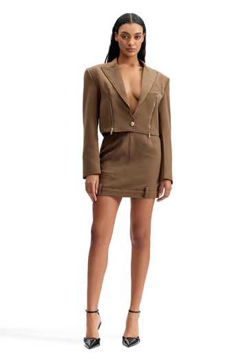 Buy_Cilvr_Brown Viscose, Polyester Cropped Zip Front Blazer And Skirt Set _Online_at_Aza_Fashions