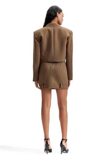 Shop_Cilvr_Brown Viscose, Polyester Cropped Zip Front Blazer And Skirt Set _at_Aza_Fashions