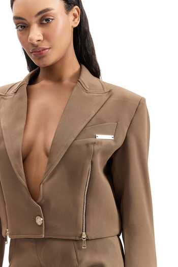 Cilvr_Brown Viscose, Polyester Cropped Zip Front Blazer And Skirt Set _at_Aza_Fashions