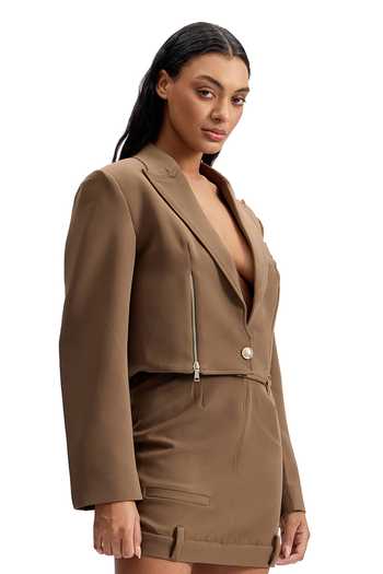 Cilvr_Brown Viscose, Polyester Plunge Neck Cropped Zip Front Blazer _Online_at_Aza_Fashions
