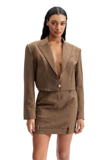 Cilvr_Brown Viscose, Polyester Plunge Neck Cropped Zip Front Blazer _at_Aza_Fashions