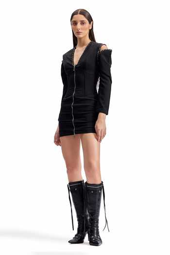 Buy_Cilvr_Black Viscose, Polyester V-neck Studded Cold Shoulder Dress _Online_at_Aza_Fashions