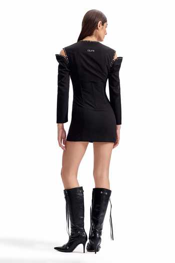 Shop_Cilvr_Black Viscose, Polyester V-neck Studded Cold Shoulder Dress _at_Aza_Fashions
