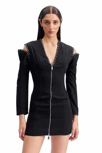 Buy_Cilvr_Black Viscose, Polyester V-neck Studded Cold Shoulder Dress _at_Aza_Fashions
