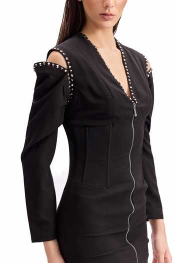 Cilvr_Black Viscose, Polyester V-neck Studded Cold Shoulder Dress _at_Aza_Fashions