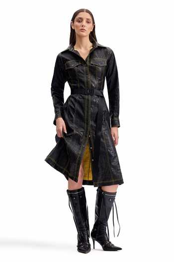 Shop_Cilvr_Black Polyester Collared Cracked Leather Midi Shirt Dress _Online_at_Aza_Fashions