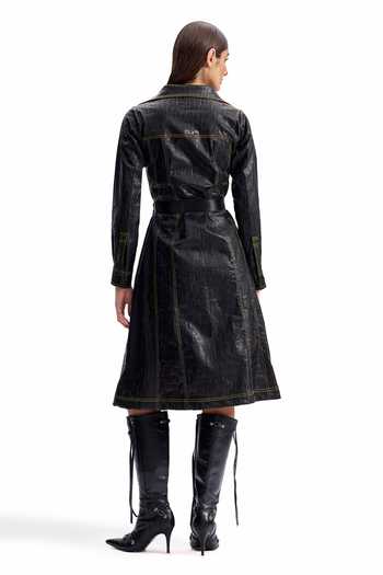 Cilvr_Black Polyester Collared Cracked Leather Midi Shirt Dress _Online_at_Aza_Fashions