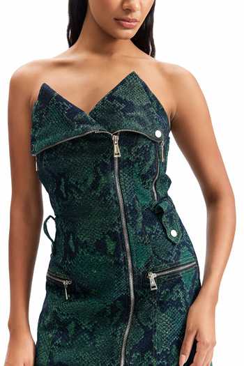 Shop_Cilvr_Green Cotton, Polyester Sweetheart Neck Serpent Biker Dress 