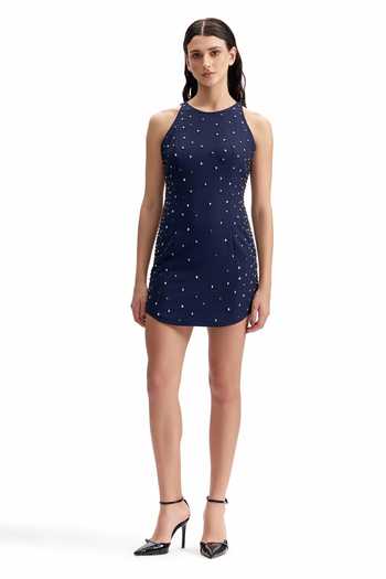 Buy_Cilvr_Navy Viscose, Polyester Halter Neck Studded Tailored Mini Dress _Online_at_Aza_Fashions