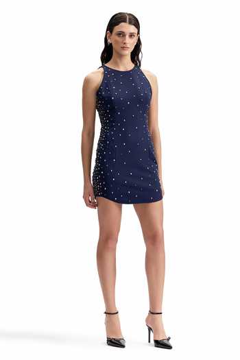 Shop_Cilvr_Navy Viscose, Polyester Halter Neck Studded Tailored Mini Dress _Online_at_Aza_Fashions