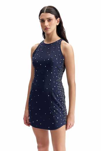 Buy_Cilvr_Navy Viscose, Polyester Halter Neck Studded Tailored Mini Dress _at_Aza_Fashions