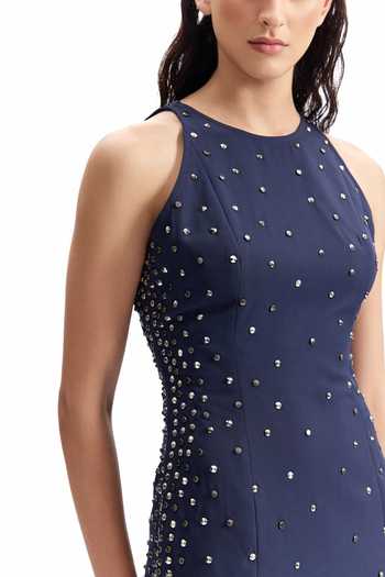 Buy_Cilvr_Navy Viscose, Polyester Halter Neck Studded Tailored Mini Dress 