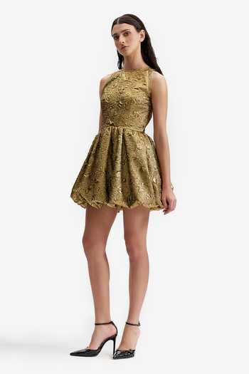 Buy_Cilvr_Gold Polyester Round Neck Antique Puffer Dress _Online_at_Aza_Fashions