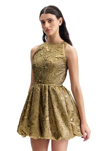 Buy_Cilvr_Gold Polyester Round Neck Antique Puffer Dress _at_Aza_Fashions