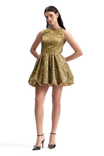 Cilvr_Gold Polyester Round Neck Antique Puffer Dress _at_Aza_Fashions