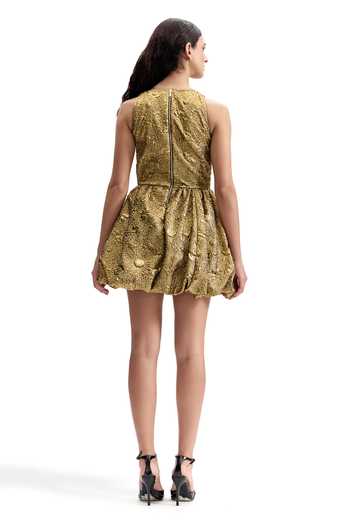 Cilvr_Gold Polyester Round Neck Antique Puffer Dress _Online_at_Aza_Fashions