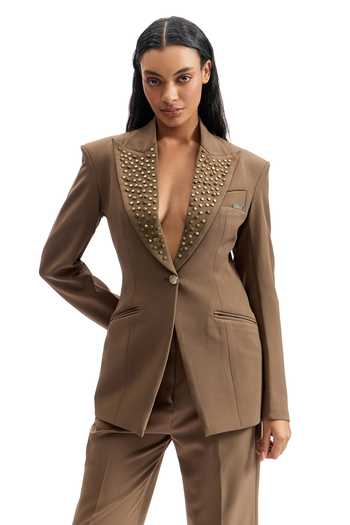 Shop_Cilvr_Brown Viscose, Polyester Studded Lapel Power Suit Pant Set 