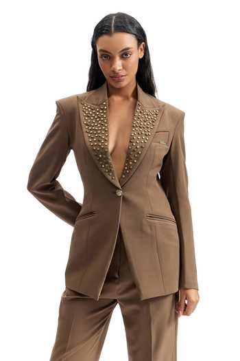 Buy_Cilvr_Brown Viscose, Polyester Studded Lapel Power Blazer _at_Aza_Fashions