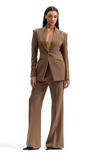Buy_Cilvr_Brown Viscose, Polyester Studded Lapel Power Blazer _Online_at_Aza_Fashions