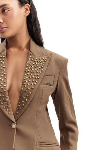Shop_Cilvr_Brown Viscose, Polyester Studded Lapel Power Blazer _Online_at_Aza_Fashions