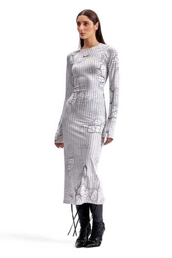 Buy_Cilvr_Black Polyester, Spandex Round Neck Entangled Mesh Midi Dress _Online_at_Aza_Fashions