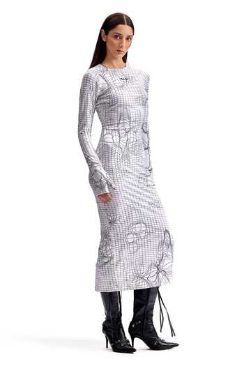 Cilvr_Black Polyester, Spandex Round Neck Entangled Mesh Midi Dress _at_Aza_Fashions